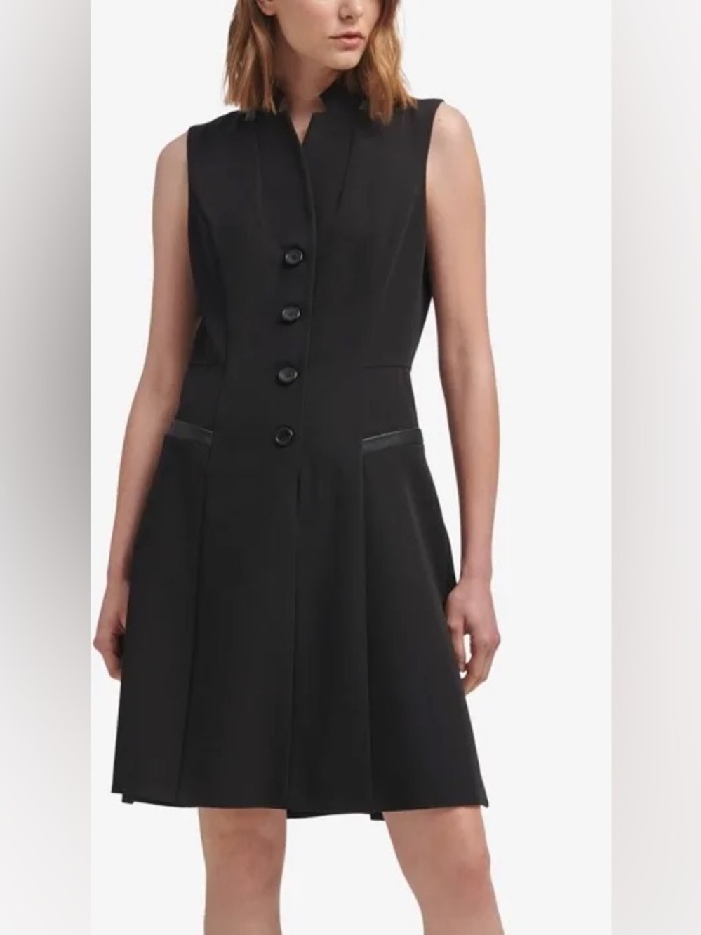 DKNY Sleeveless Black Tuxedo midi dress with leather accents